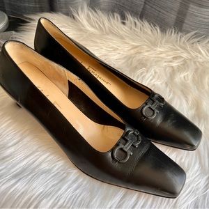 Salvatore Ferragamo Black Gancini Square Toe Pumps